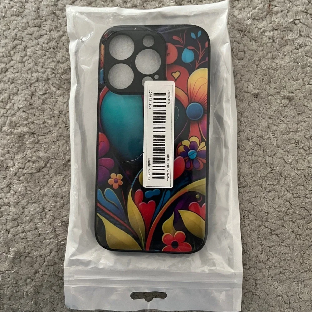 iPhone 14 Pro Case Floral Art‎ Design Protective Phone Cover Black Trim